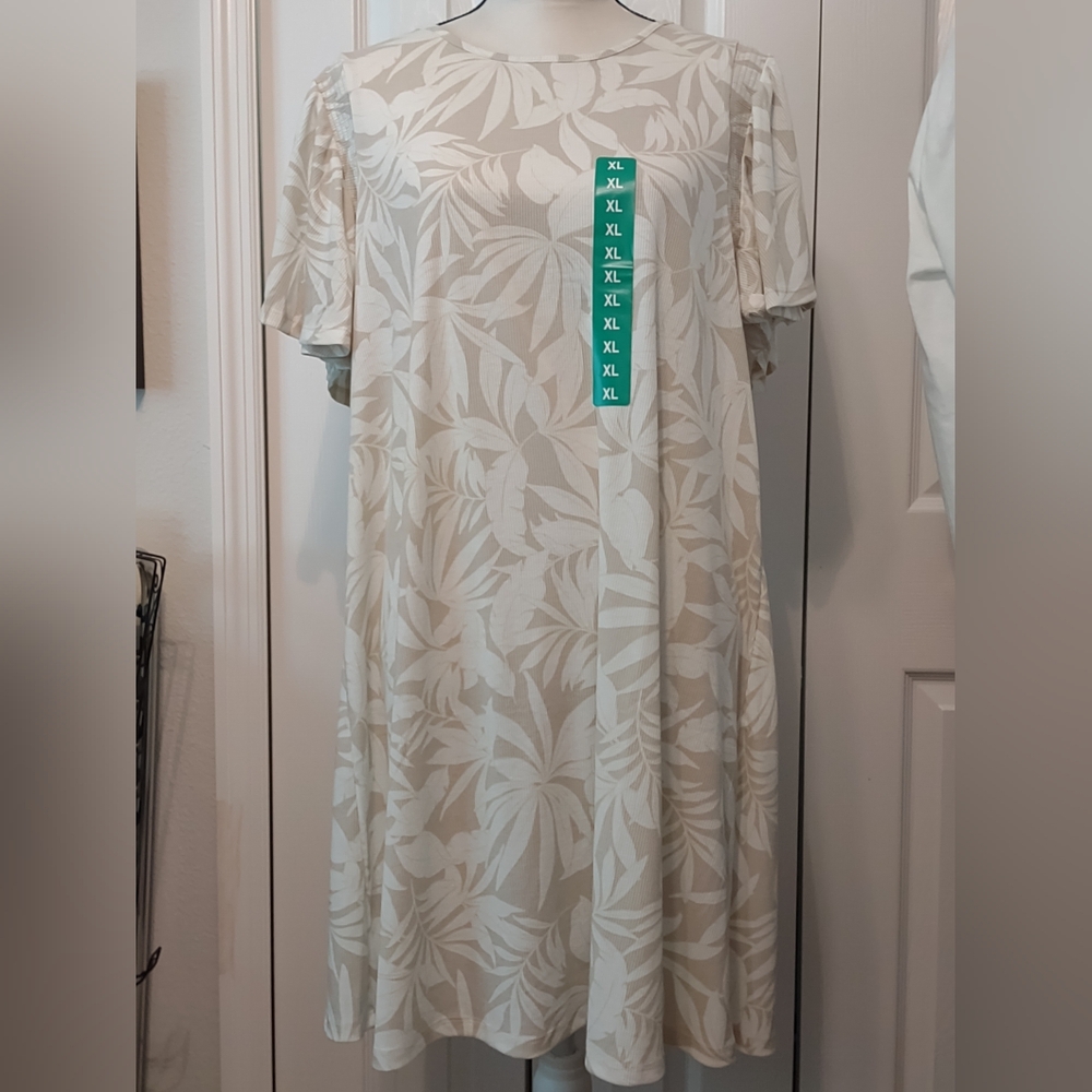 Ecothreads Women Dress XL Tunic Shirt Beige & White Floral Tropical New